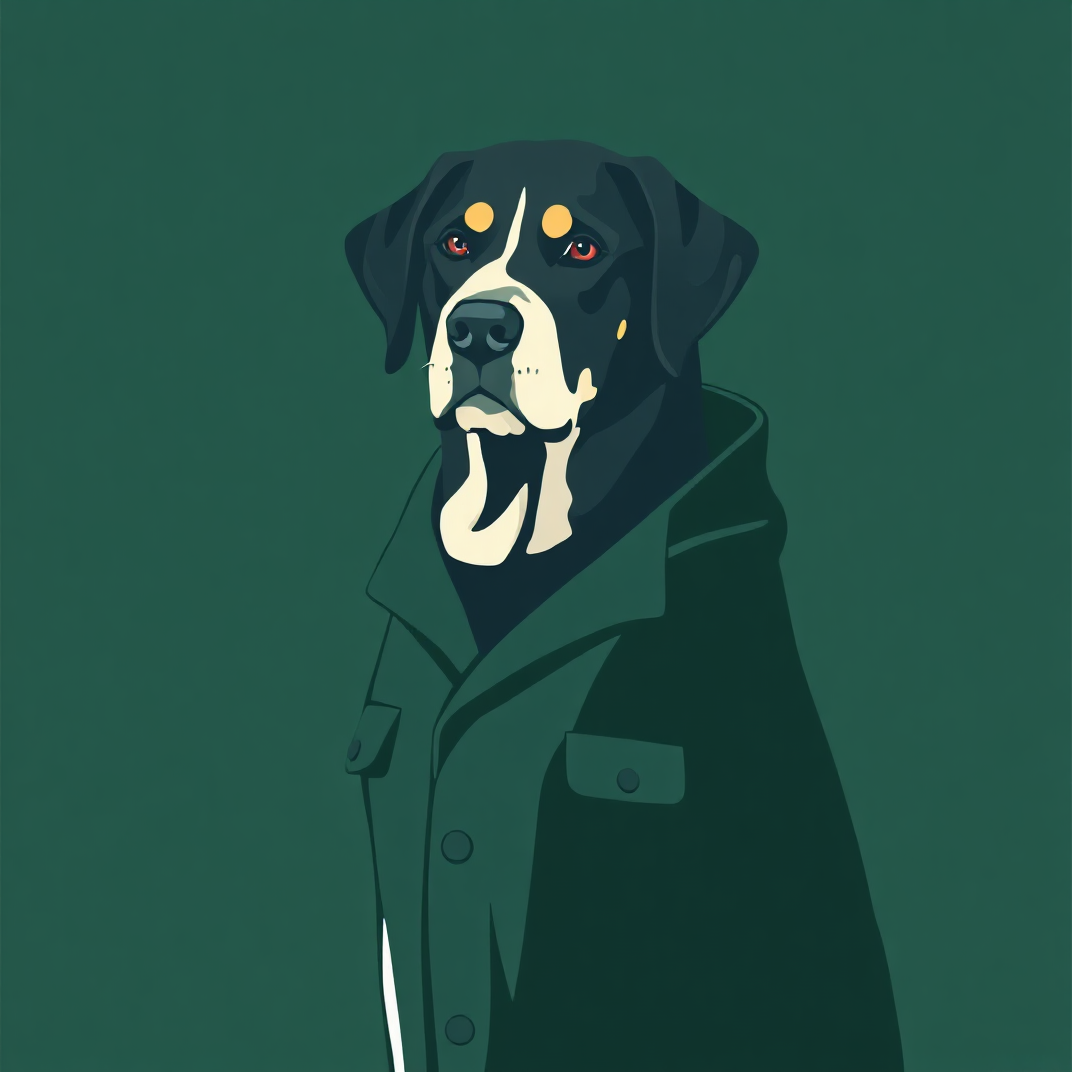 Illustrated graphic of a stylish dog in a minimal outfit against a forest green background