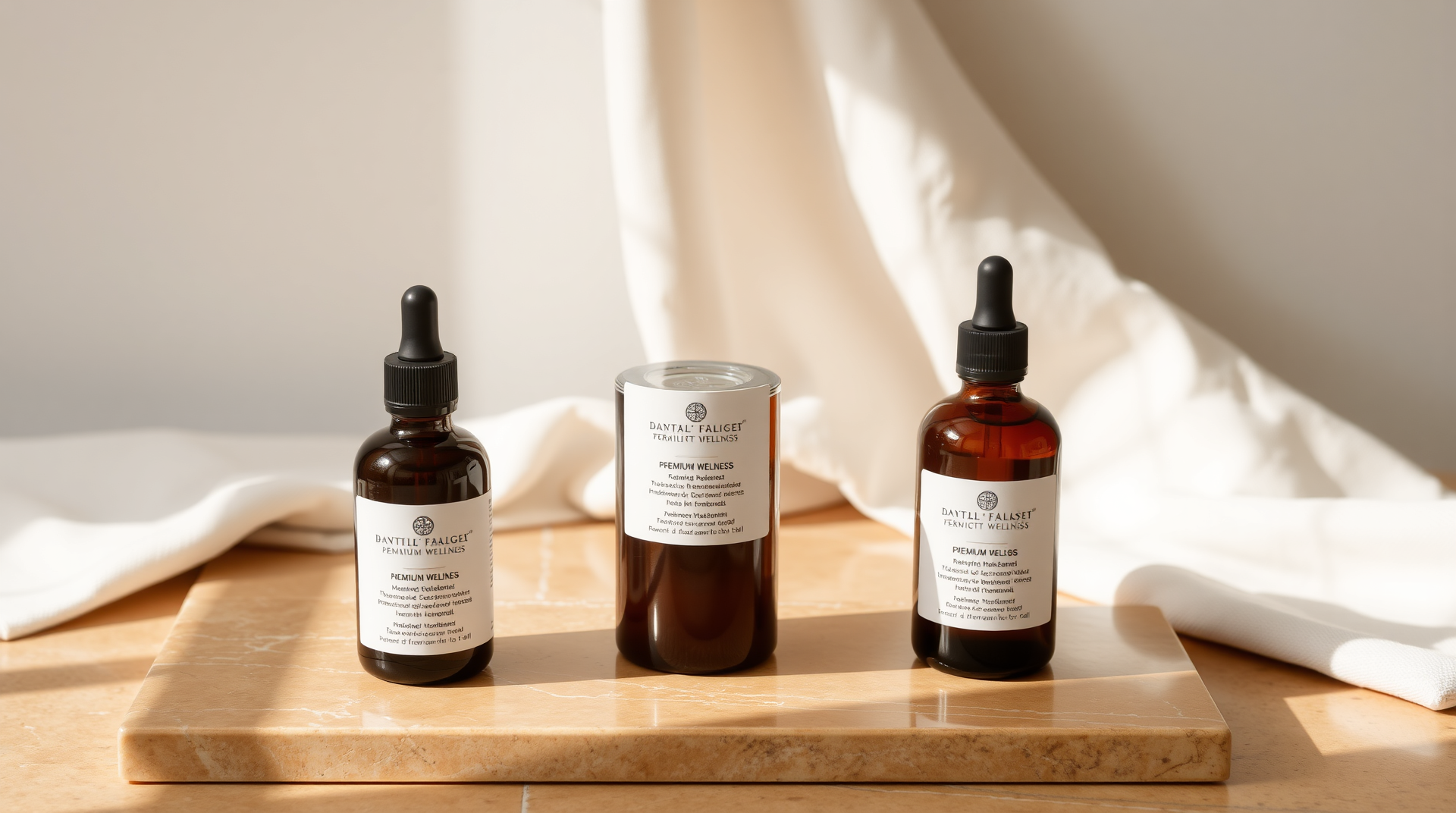 Warm marble surface with a tall ceramic wellness jar staged asymmetrically beside two smaller bottles, soft natural light