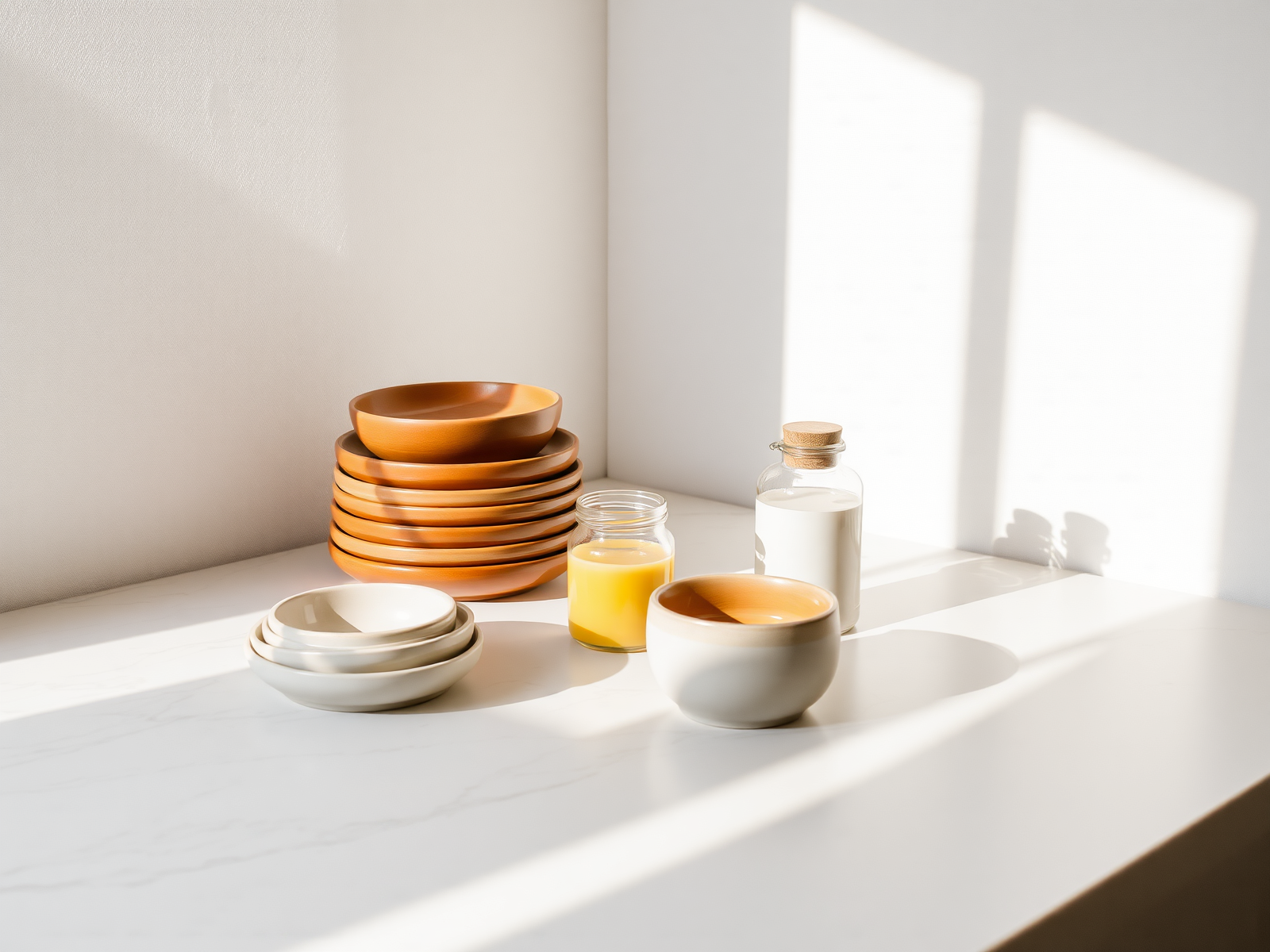 Warm morning still life with Revella jars on marble